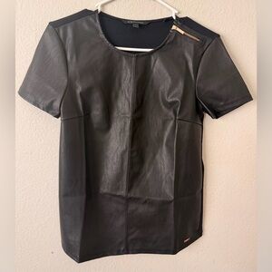 Armani Exchange Black Faux Leather Short Sleeve Top with Shoulder Zip